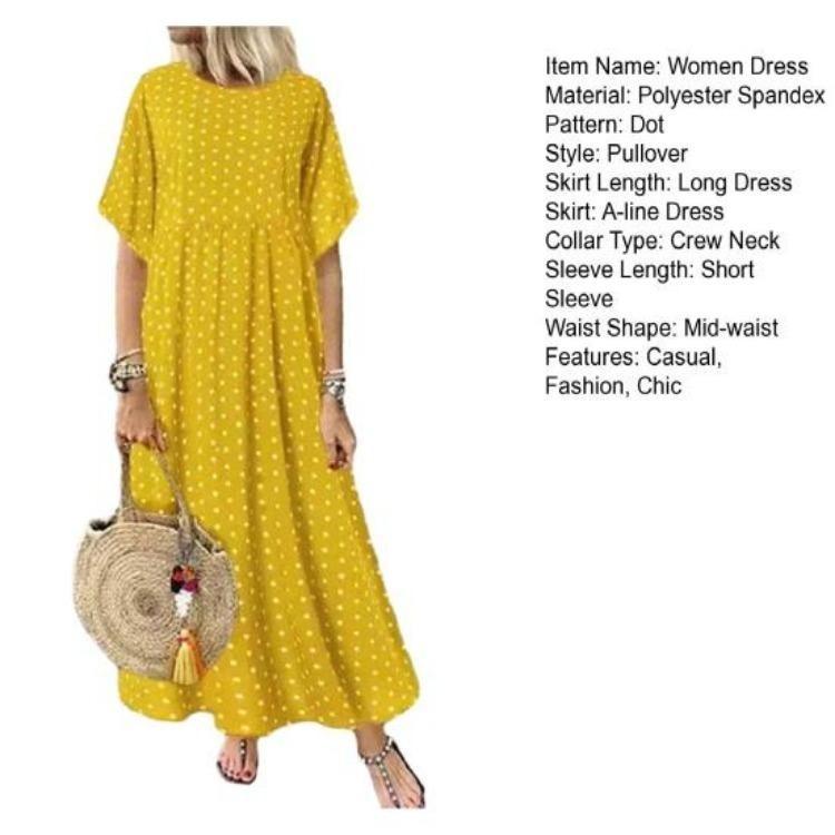 Women Casual Summer Beach Sundress Maxi Long Dress Short Sleeve Crew Neck Dot Print Pleated Swing