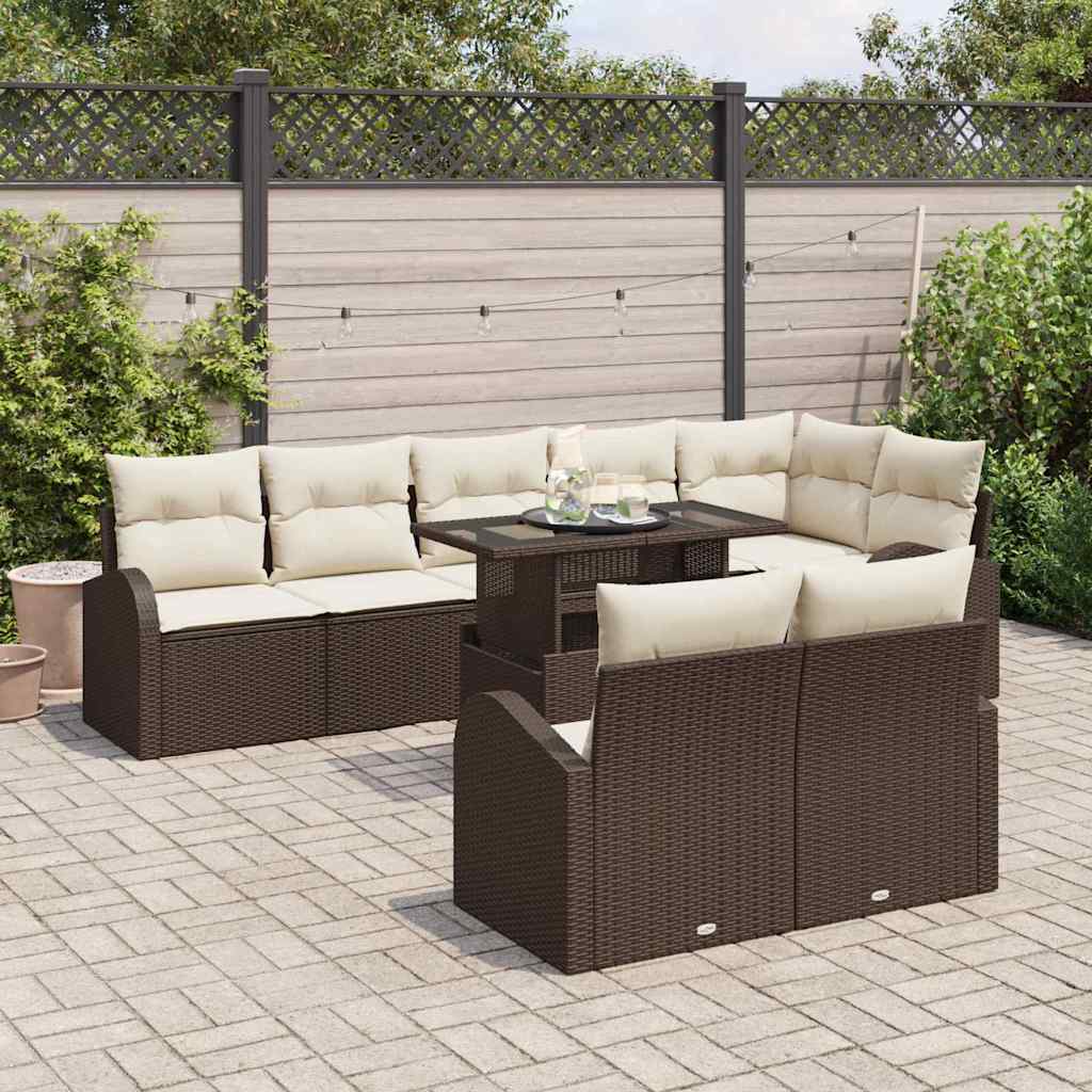 9 Piece Garden Sofa Set with Storage in Brown and Cream Poly Rattan