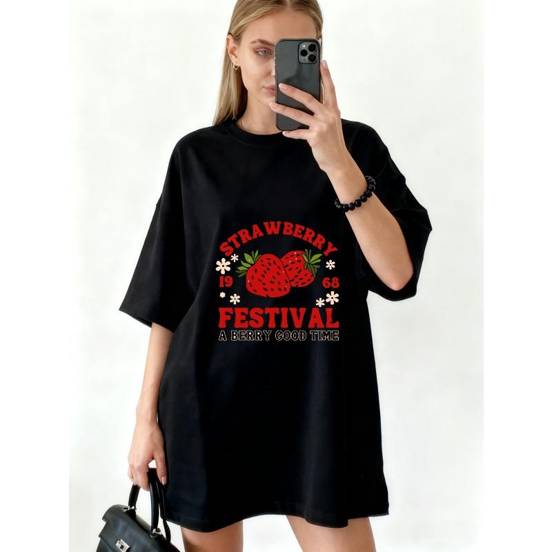Oversized T-Shirt Black Strawberry Festival Graphic Print With Text A Berry Good Time Casual Wear For Summer Outings And Festivals