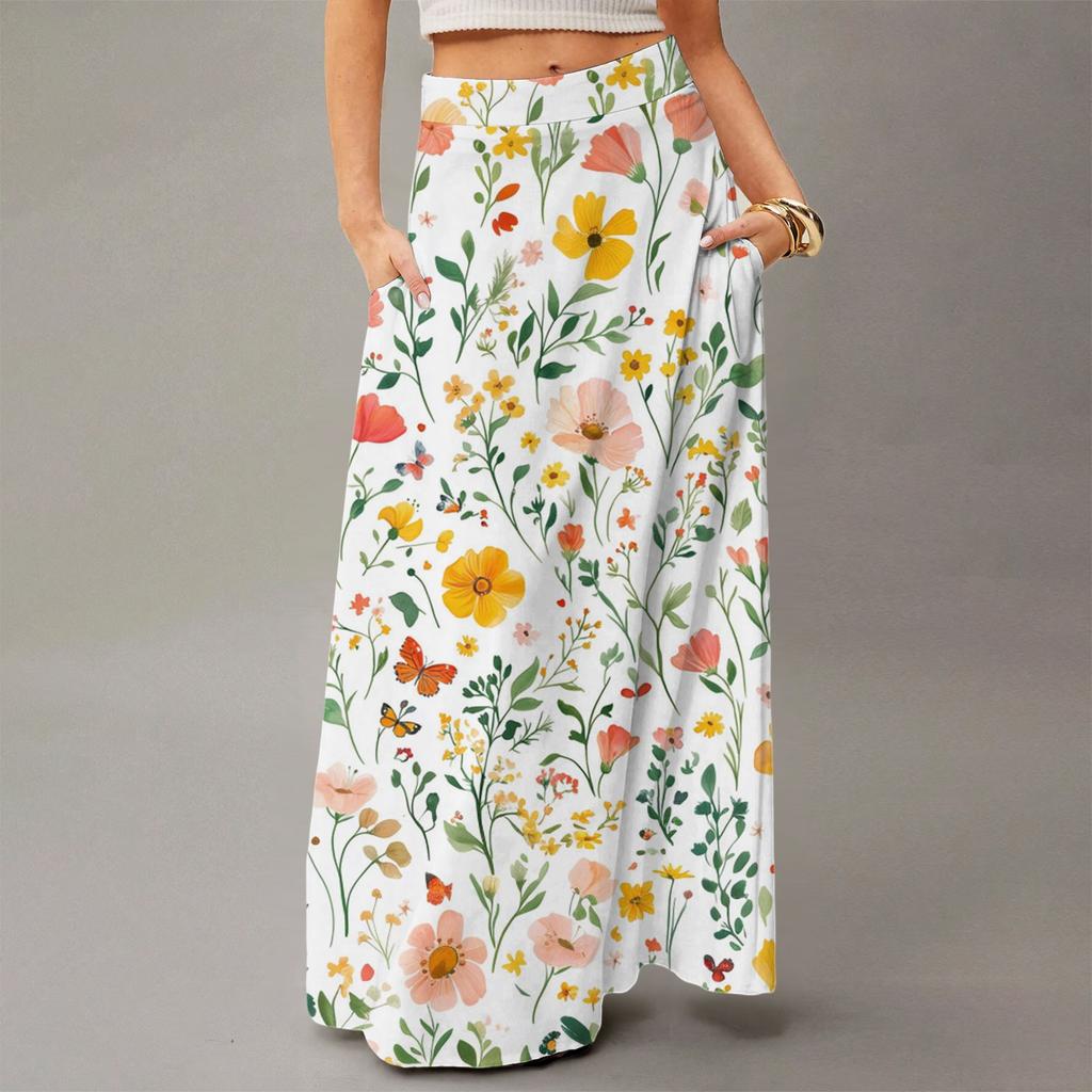 Damen Lässig Freizeit Faltbar Blumenmuster Hohe Taille Mit Tasche Drapierter Entspannter Langer Maxi-Rock