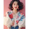 Summer New Floral Printing Shirt Women Half Lantern Sleeve Cardigan Blouse Female Elegant All-match Button Top