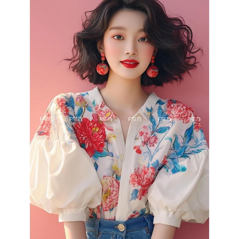 Summer New Floral Printing Shirt Women Half Lantern Sleeve Cardigan Blouse Female Elegant All-match Button Top