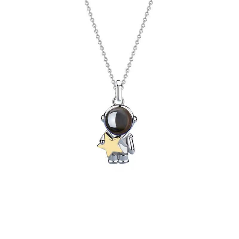 S925 Sterling Silver Astronaut & Star Moon Pendant Necklace - Trendy Japanese Korean Style for Women