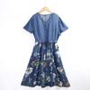 Denim V-neck Imitation Tencel Shoelace Export Print Long Dress