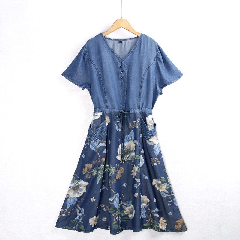 Denim V-neck Imitation Tencel Shoelace Export Print Long Dress