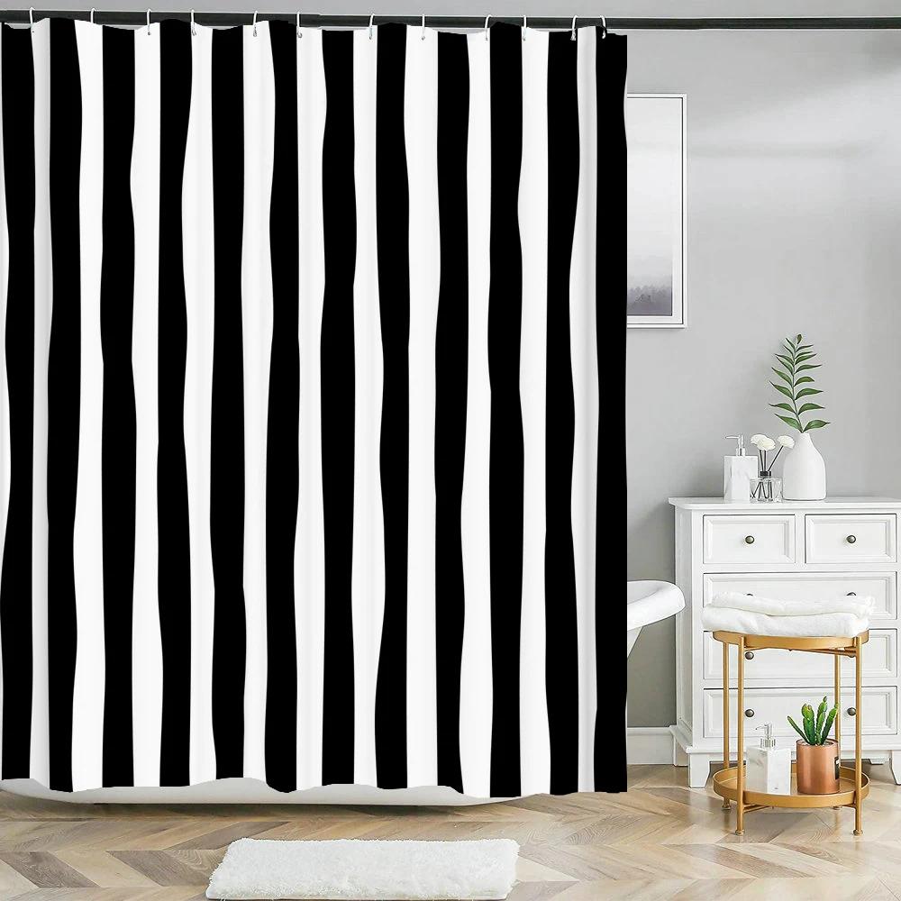 Black White Stripes Pattern Texture Shower Curtains Geometry Bathroom Waterproof Polyester Bath Curtain Home Decor With Hooks