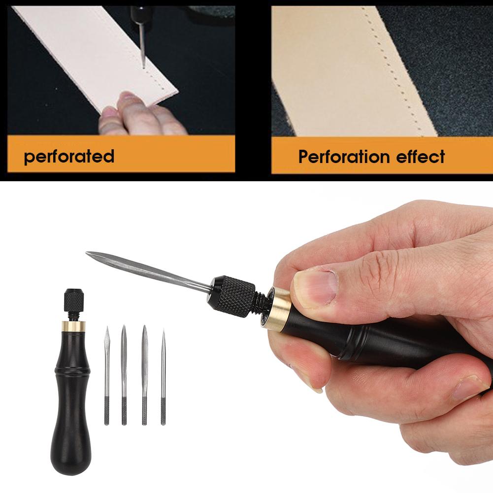 4 in 1 Stitching Awl Kit Ebony Handle DIY Leather Fabric Hand Craft Sewing Tool