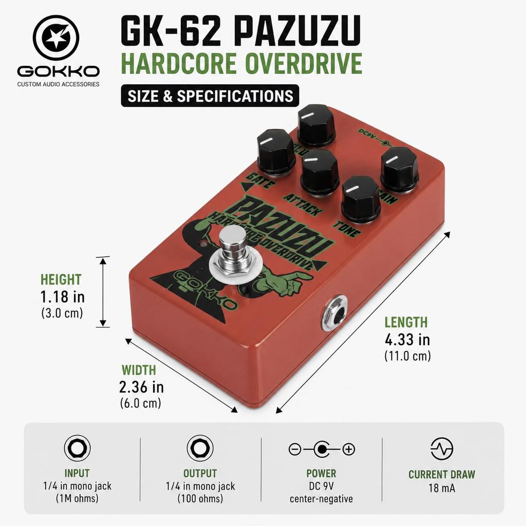 GOKKO OVERDRIVE A Overdrive Pedal with a Noise Ideal for Guitarists Seeking a Wide Range of Overdrive GK-62 - Multi-tone Built-in Gate. Tones.
