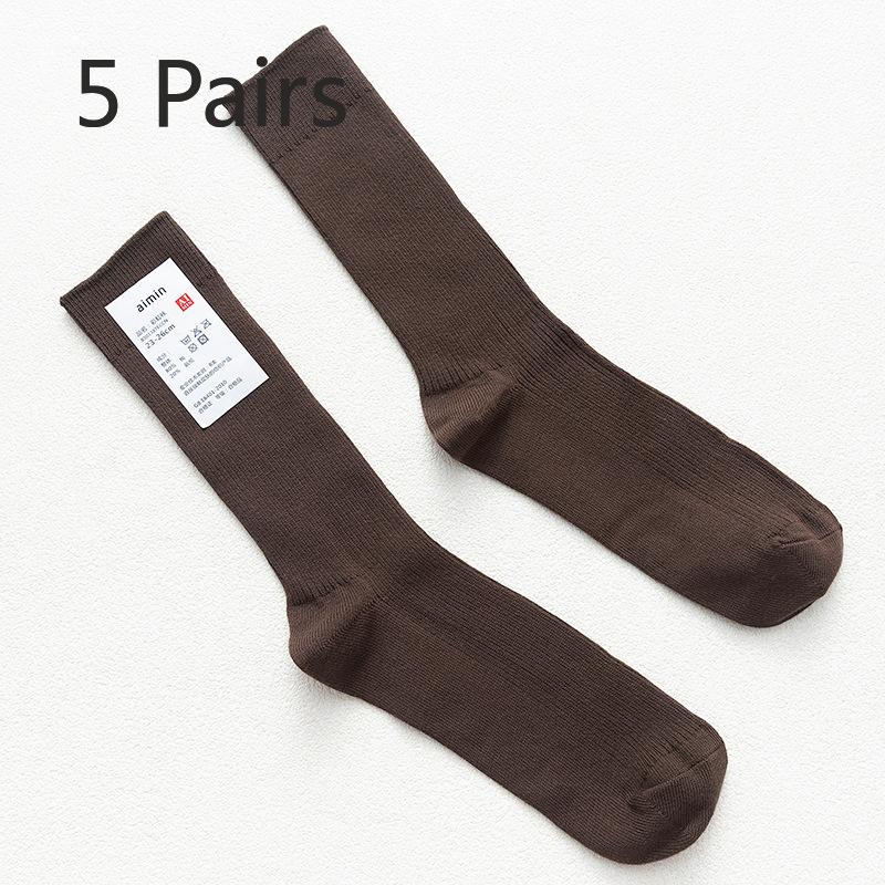 5 Pairs of Men's Retro Sweat-absorbing Vertical Striped Plain Color Cotton Mid Calf Socks