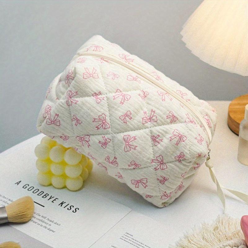 Cute Bow Make Up Bag Cute Bow Knot Pattern Toiletries Bag Travel Make Organizer Zipper Pouch, Quilted Cosmetics Bag, Stylish Foldable Commuter