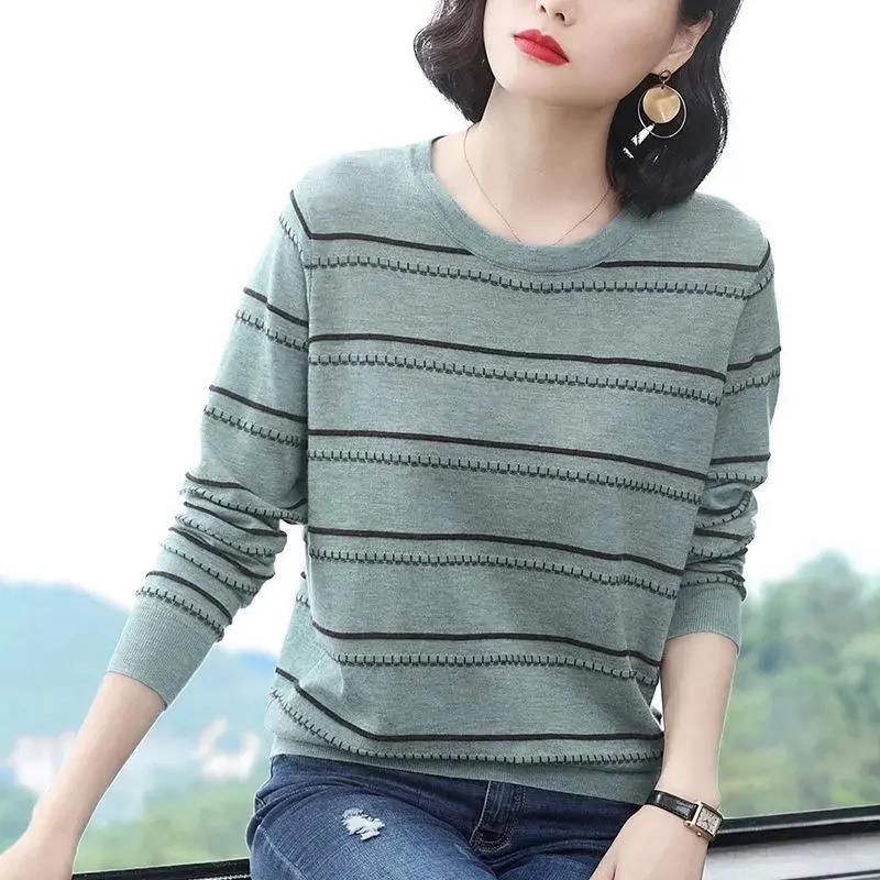 Women's Spring and Autumn Long Sleeve Knitted Shirt Loose Casual Striped Bottom Top