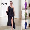 Abendkleid für Damen, eine Schulter, einzelne offene Ärmel, geteilter Saum, einfarbig, schmale Taille, plissiertes Knotendekor, einfarbig, Abschlussball, Cocktailparty, Maxikleid