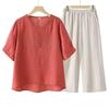 Women's Tencel Linen Embroidered Short-Sleeve Top & Pants Set for Summer - Middle-Aged Mother's Style.