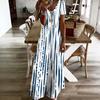 Women Plus Size V Neck Short Sleeve Blue White Printed Straight Maxi Dress