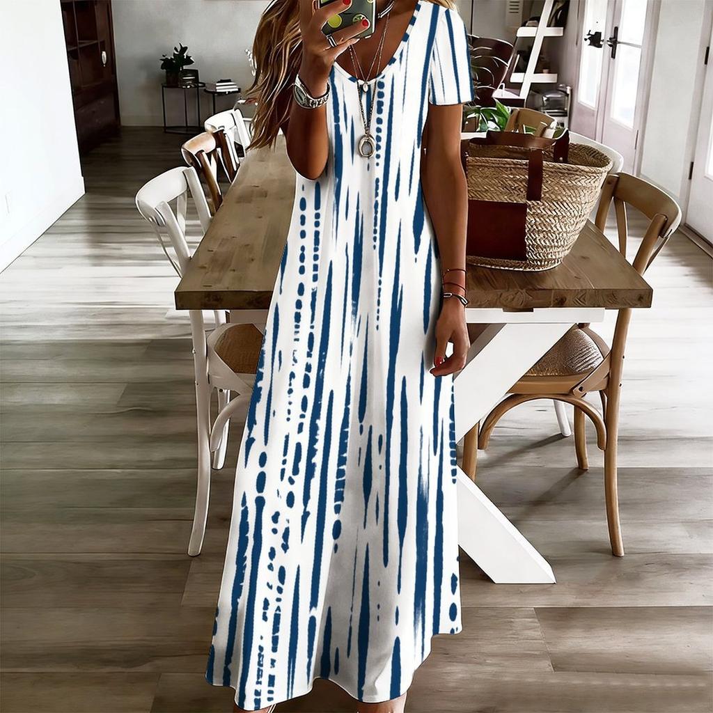 Women Plus Size V Neck Short Sleeve Blue White Printed Straight Maxi Dress