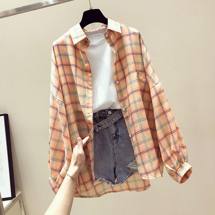 Camicia a quadri a maniche lunghe da donna, giacca estiva ampia, protezione solare, top da donna, camicia stile pigro