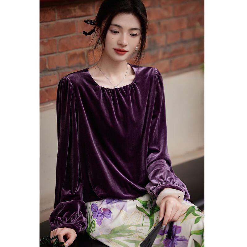 Demana Women's Vintage Velvet Lantern Sleeve Blouse