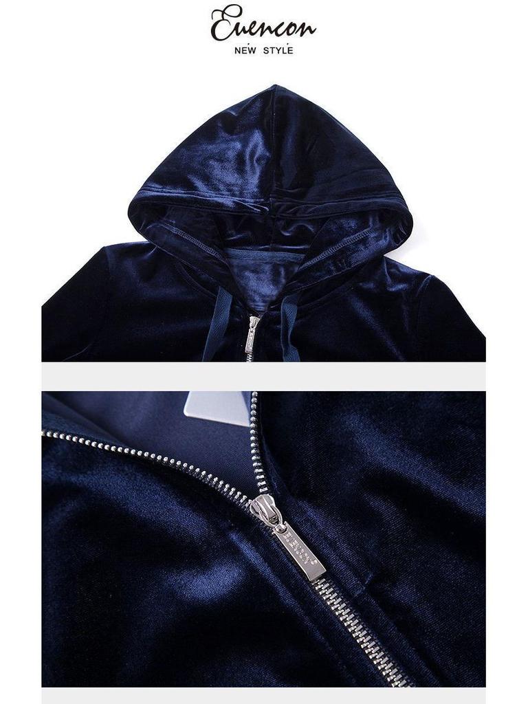Women's Gold Velvet Tracksuit, 2025 Spring/Autumn Trendy Fashion Casual Hoodie Two-Piece Set