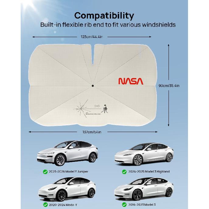 

HALOBLK Reinforced Triple-Coated Windshield Sunshade Umbrella of The NASA Voyager-2 Mission Edition Designed for All Tesla Model Y Model 3 (2026 2025