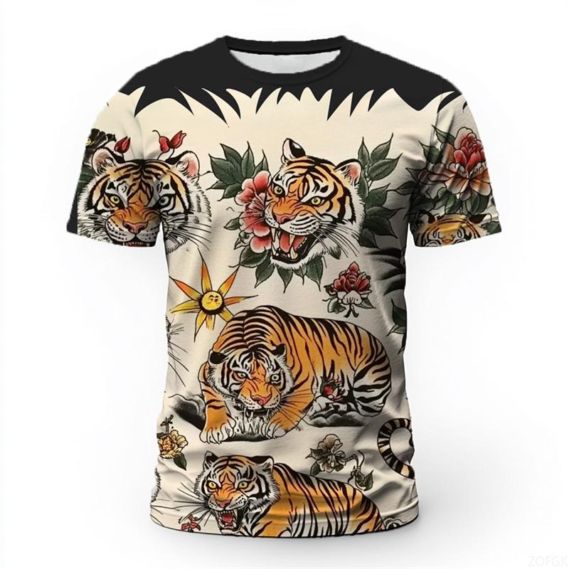 Vintage Tiger Pattern 3D Print Men's T-shirts Summer Fashion Crew Neck Short Sleeve T-shirts