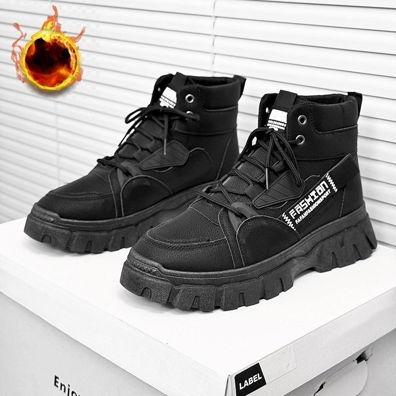 Men's High Top Keep Warm Work Boots Chunky Sole Non-Slip Outdoor Hiking Shoes Lace Up Waterproof Ankle Boots Comfortable Casual