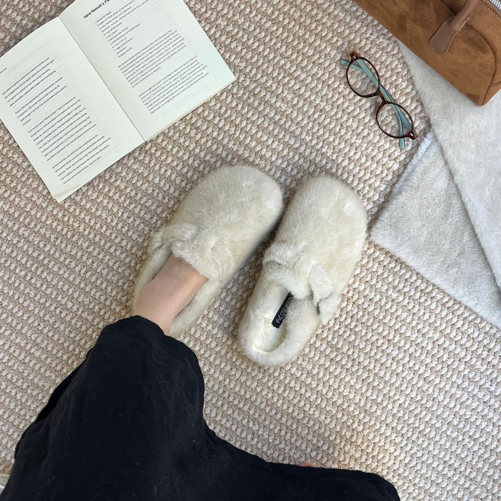 2025 winter new round head with velvet warm cotton shoes versatile Mary Jane thick-soled commuting fluffy women's half-drag