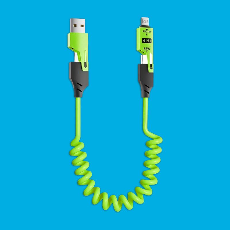 65W Spring Retractable 4-in-1 Charging Cable for iPhone 16 & Huawei Phones