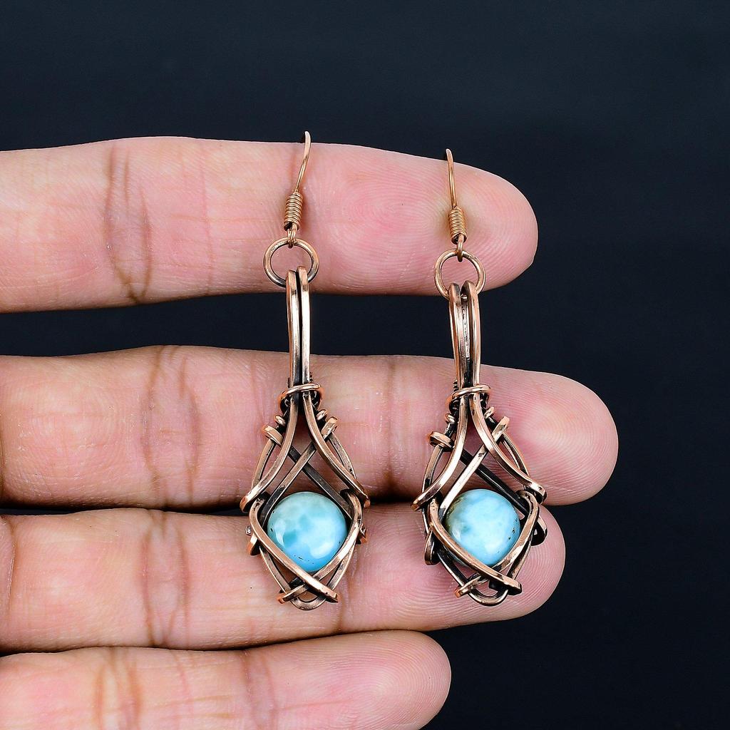 Larimar Earrings, 999 Copper Wire Wrapped Jewelry, Gemstone Earrings, Gift For Her Handmade Dainty Jewelry