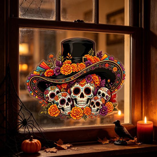 Customizable Cuttable Window Art Day of The Dead Clings, Halloween Top Hat Skull Static Sticker, Indoor Outdoor Glass Murals Colorful
