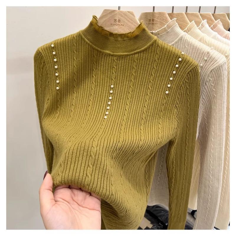 Autumn and winter new semi-turtleneck knitted bottoming shirt top women's twist pearl fashion slim and thin inner sweater