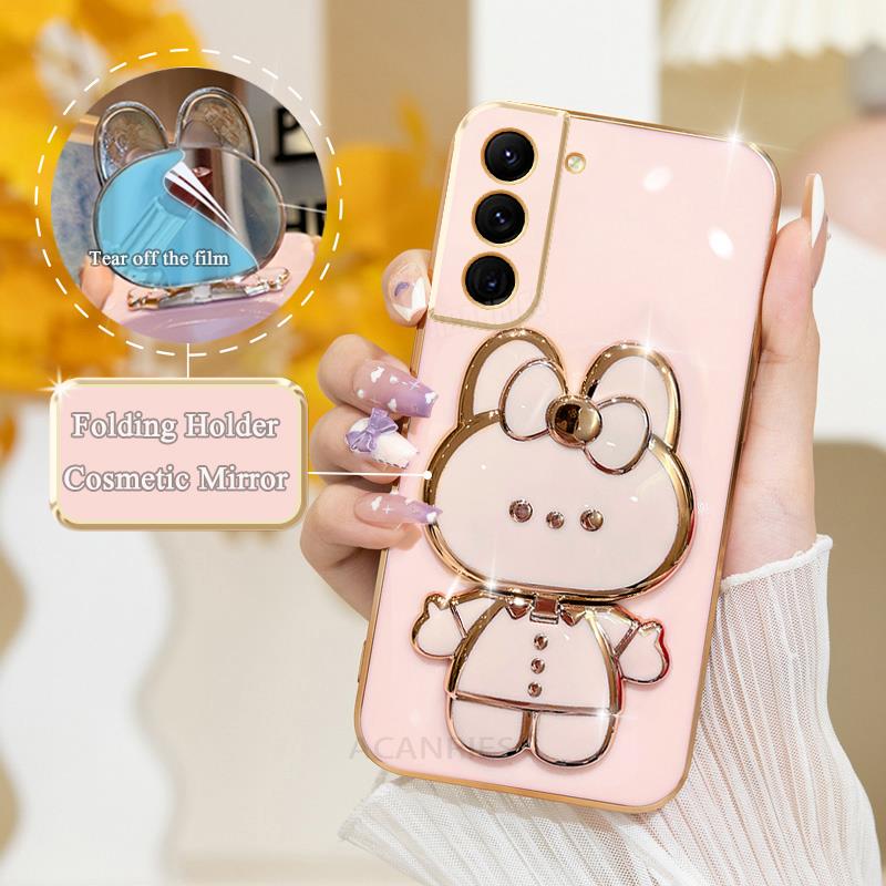 S 21 22 23 24 Luxury Plating Mirror Holder Case For Samsung Galaxy S21 S20 S23 Fe S22 Plus Ultra Silicone Stand Cover S21fe