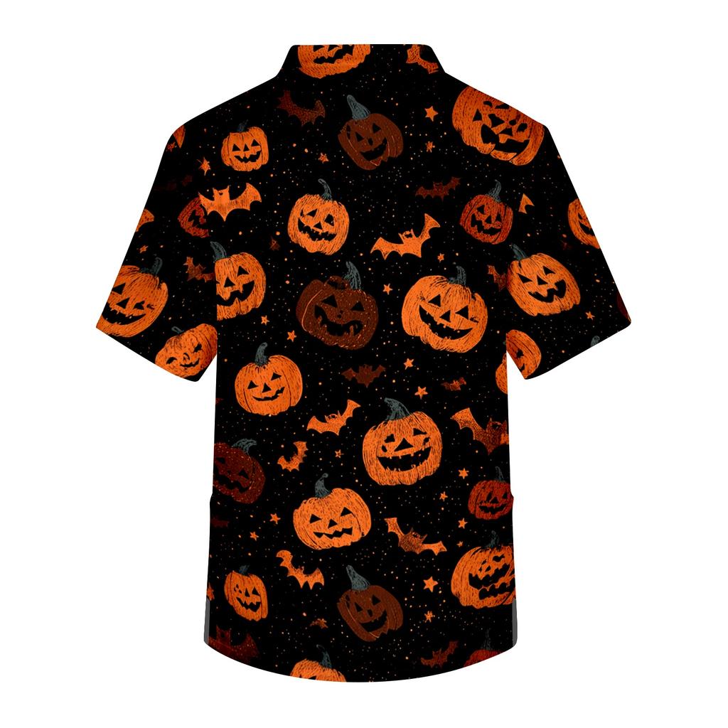 Men's Short Sleeve V-Neck Halloween Print Scrub Top with Chest Pocket for Work Uniform