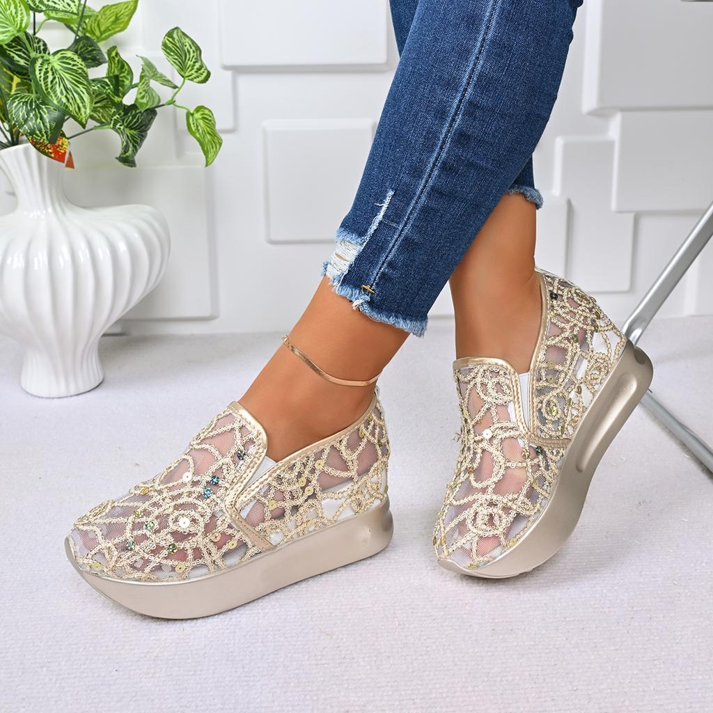 Fashion Platform Wedges Women Sandals  Floral Embroidery Mesh Sneakers Women Slip On Casual Comfy Heeled Shoes Woman Zapatos De Mujer