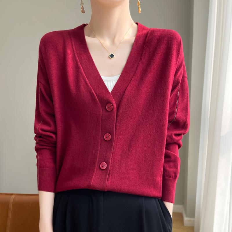 Spring new women's wool knitted sweater women's V-neck cardigan sweater women's jacket long-sleeved batch