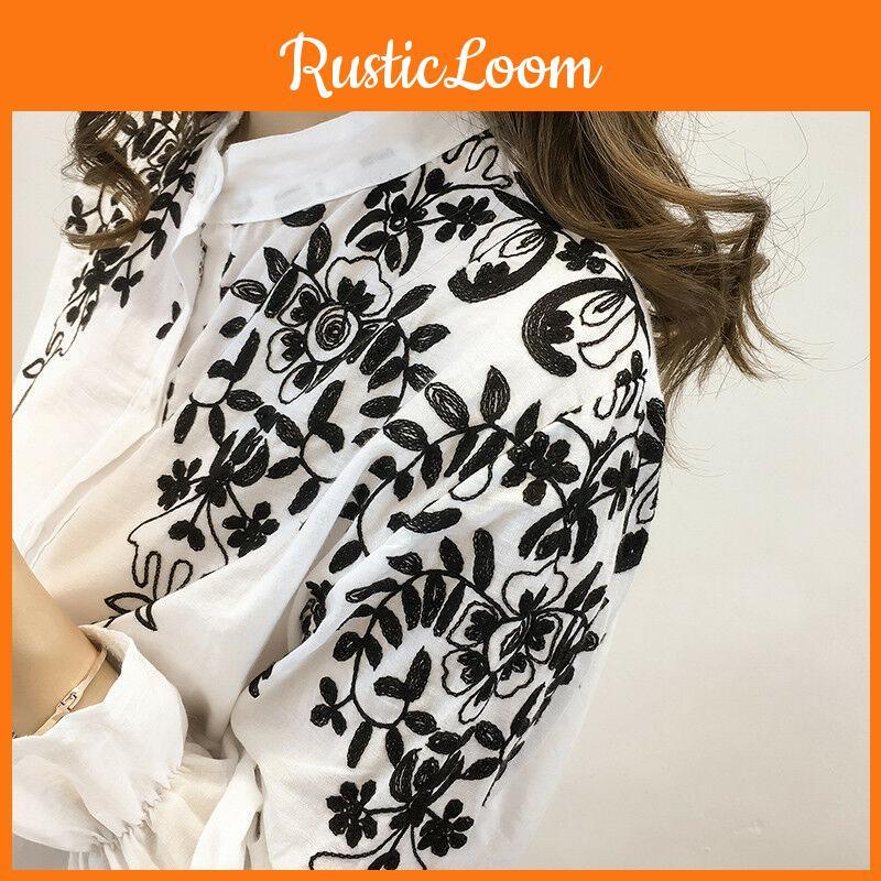 Premium Quality Female Women Long Sleeve Embroidery Blouse Shirt With Timeless Korean Flower Design