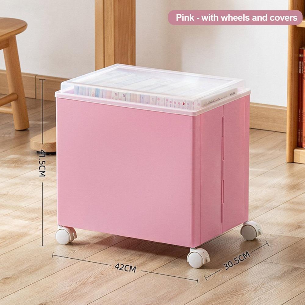 Plastic Book Organizer Foldable with Wheels Stationery Storage Box with Lid Large Capacity Movable Bookshelf Data Storage