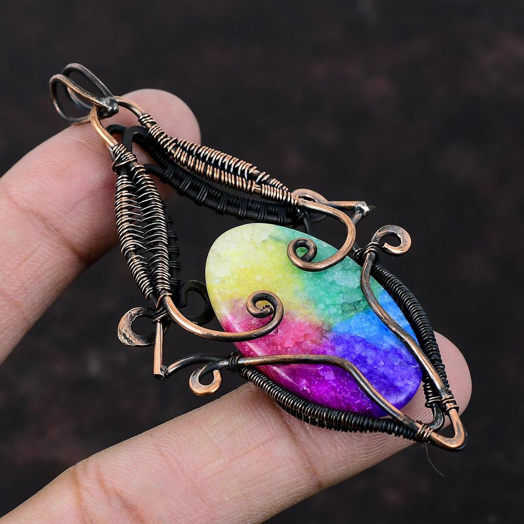 Rainbow Solar Quartz Druzy Pendant Copper Wire Wrapped Pendant Handmade Pendant Copper Jewelry Elegant Pendant Gift For Him Gemstone Jewelry