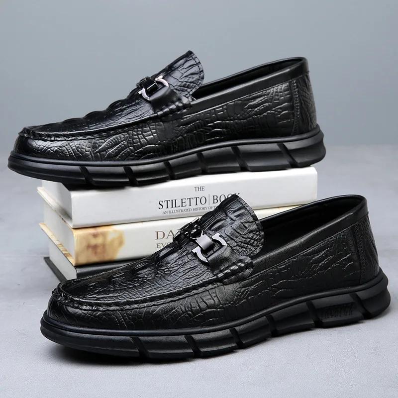 Fashion Genuine Leather Casual Loafers for Men Fashion New Designer Crocodile Print Spring Autumn Shoes Male Soft Sole Luxury Shoes Man