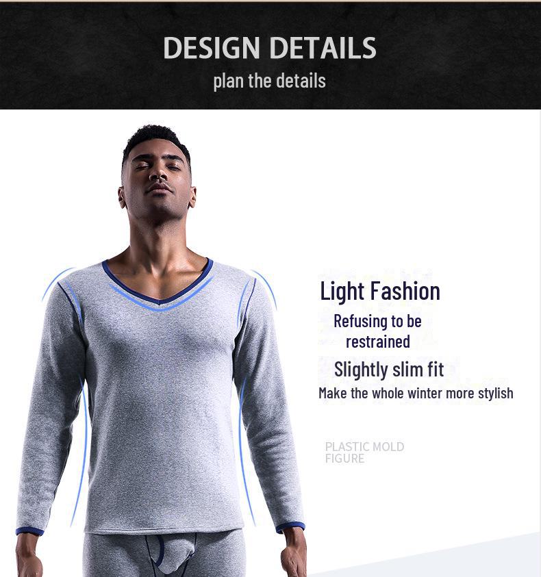 Men's Thermal Low-Neck V-Neck Cotton Suit: Velvet-Lined Sweater & Pants for Autumn/Winter