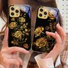 Golden Rose Flowers For IPhone 16 Pro Max 15 P Ro 14 M Ax 13 Plus 12 Mini 11 XS Max XR Golden Tempered Glass Phone Case
