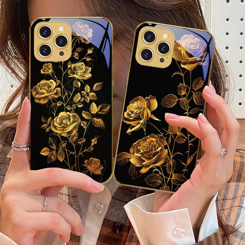 Golden Rose Flowers For IPhone 16 Pro Max 15 P Ro 14 M Ax 13 Plus 12 Mini 11 XS Max XR Golden Tempered Glass Phone Case
