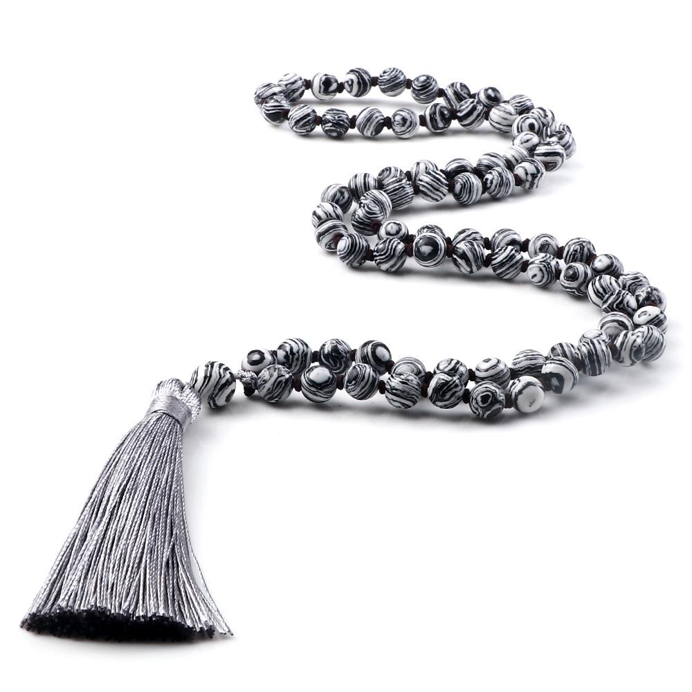 European 8mm Stone Bead Tassel Necklace and Multi-Strand Buddhist Bead Bracelet