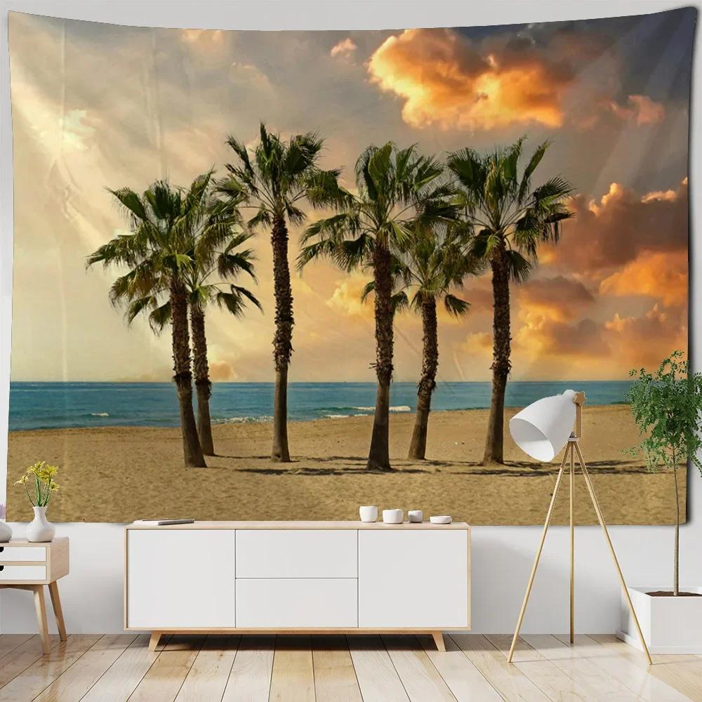 Sea view tapestry printed hanging painting coconut tree sunrise home decoration yoga mat bed sheet living room wall hanging