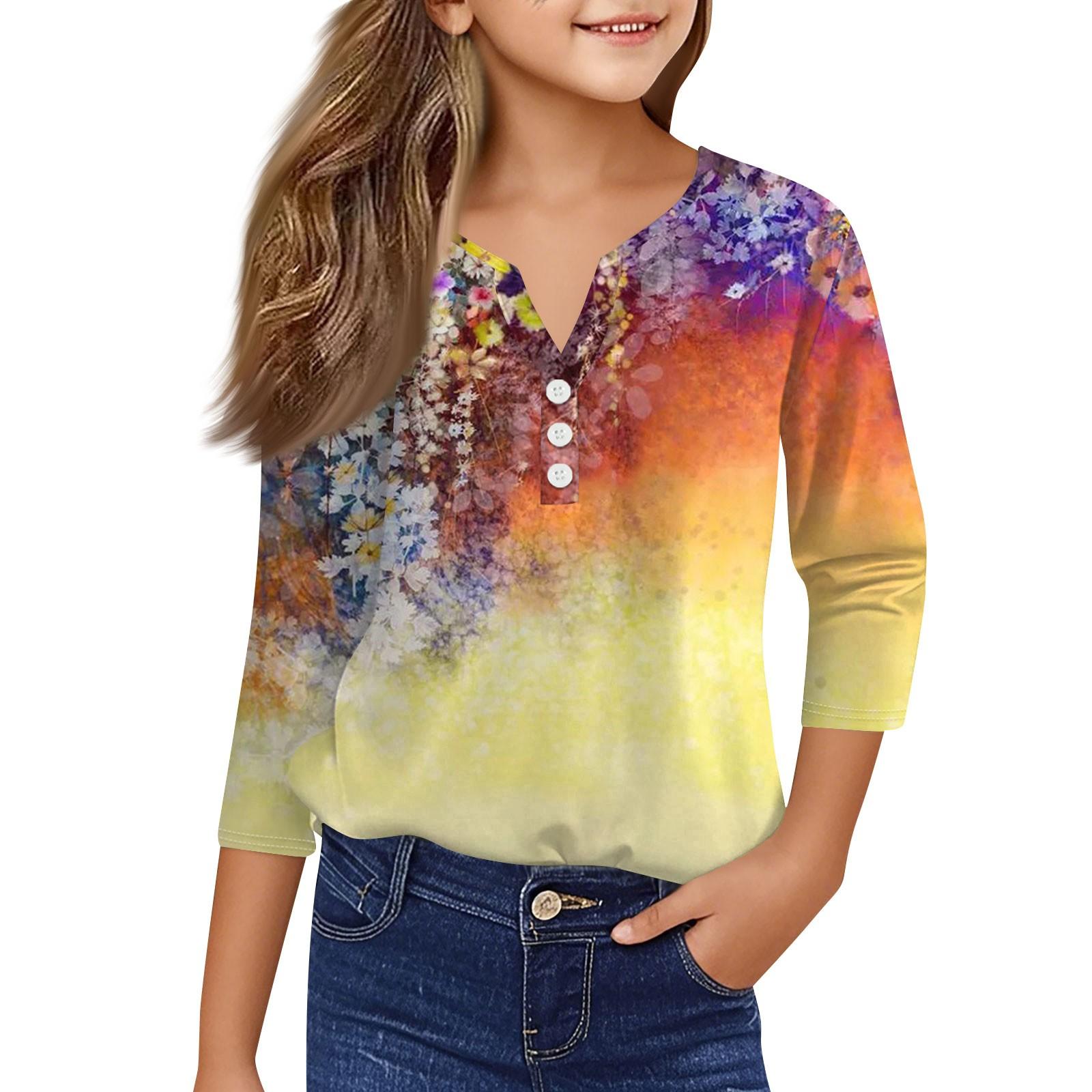 

Повседневные модные топы для девочек с принтом, футболка с семью рукавами и пуговицами 160 жёлтый