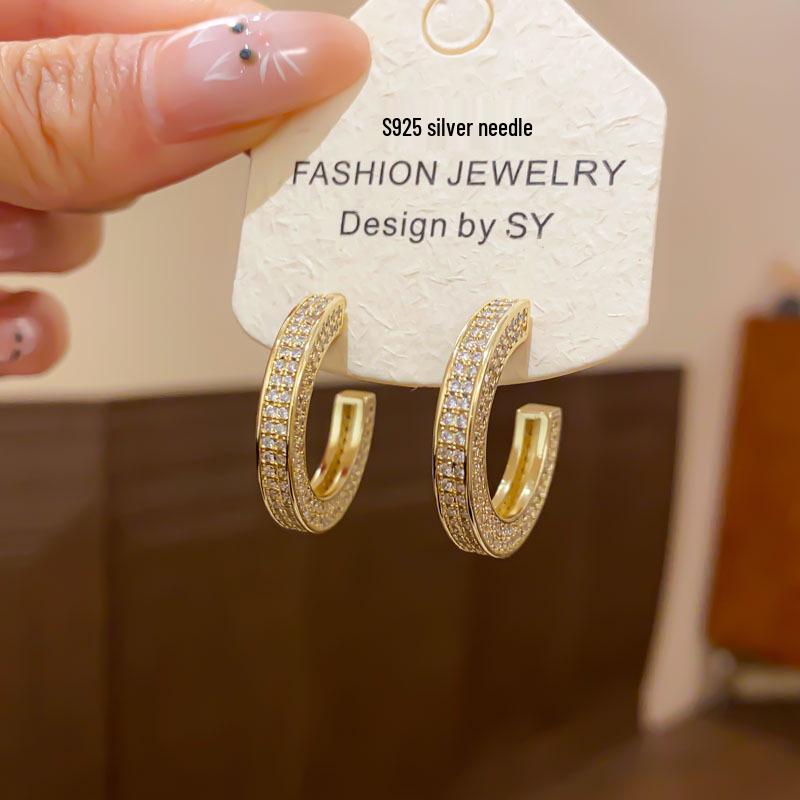 18K Gold Plated Zircon Geometric Earrings, Korean Cold Style, Luxury Studs for Women