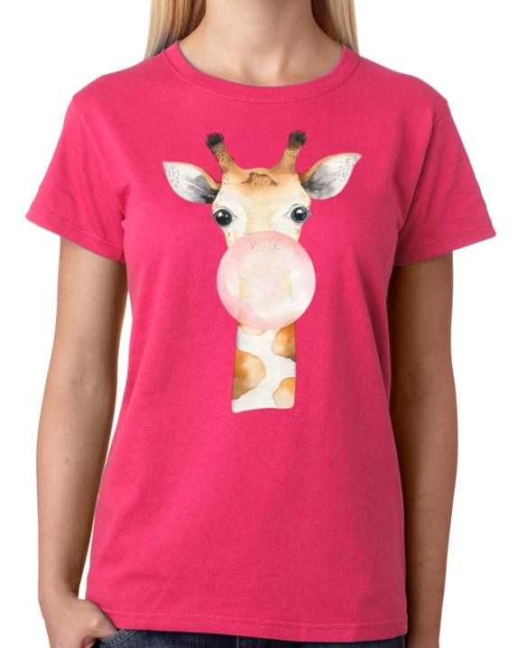 Giraffe Bubblegum T-Shirt T-Shirt Ladies Fitted Tee Womens Fashion Top S