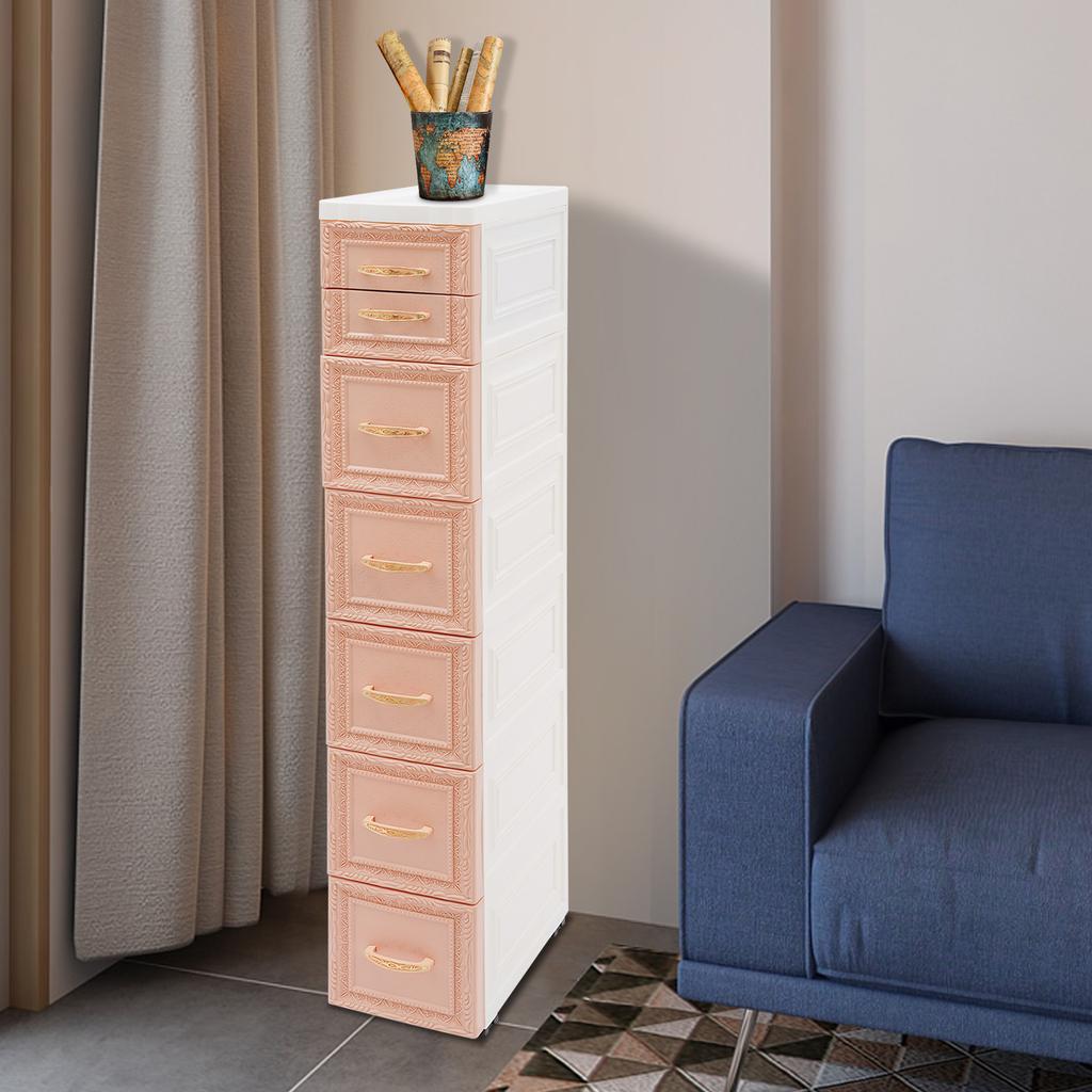 Slim Storage Organizer, Narrow 6-Tier Storage Cabinet with 7 Drawers & Movable Wheels, Lightweight PP Material for Bathroom