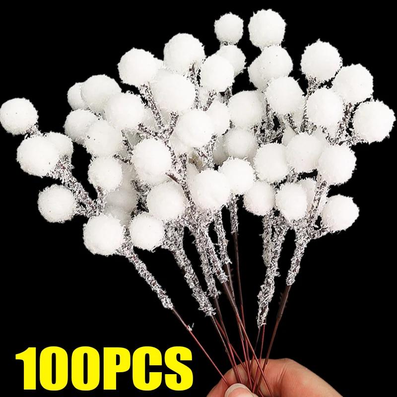 White Artificial Berry Stem Snow Tipped Frosted Christmas Berries Branch DIY Wreath Xmas Tree Ornament Wedding Home Table Decor