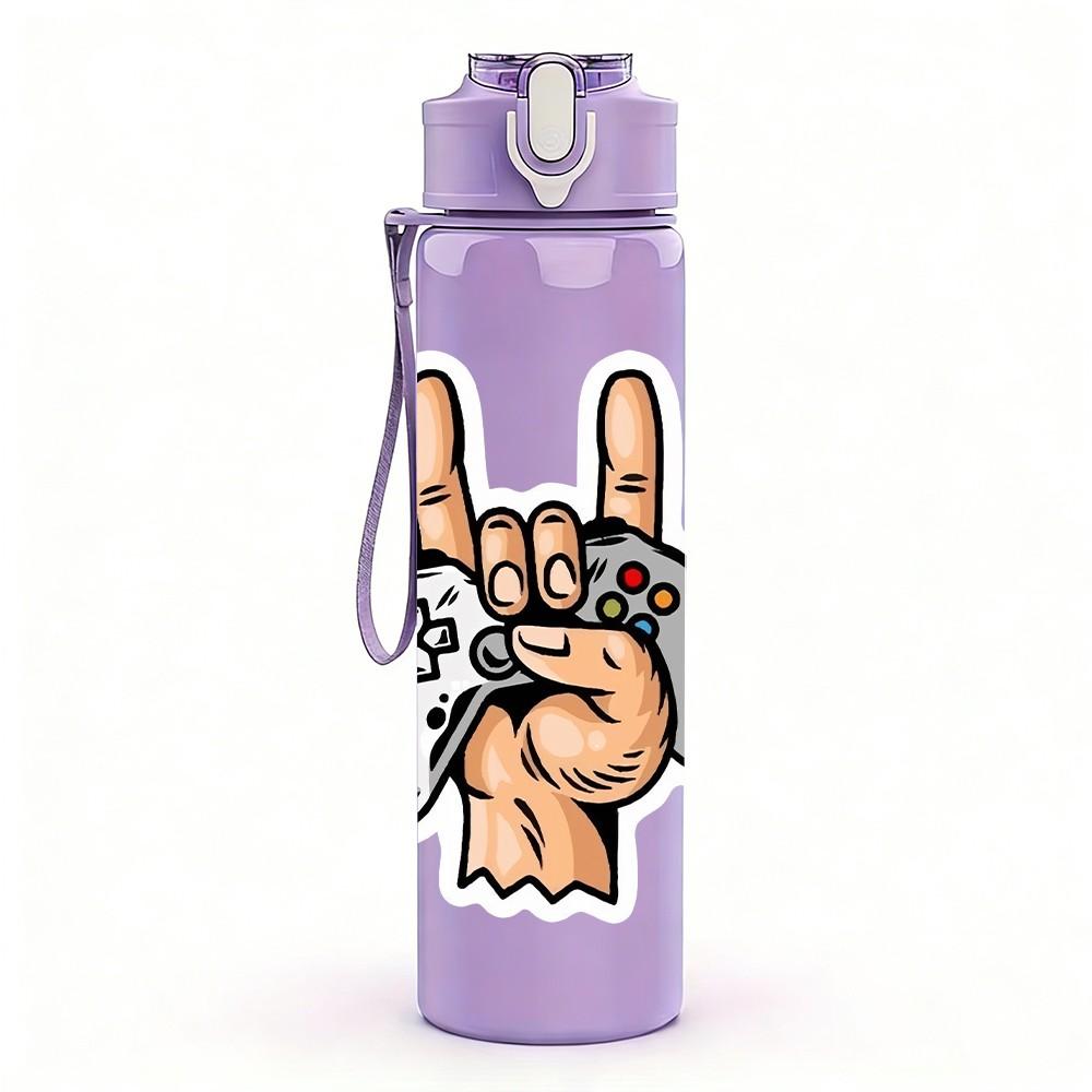1PC Hand Holding Game Controller Pattern 750ml Color Plastic Sports Water Bottle Leakproof Flip Straw Lid Suitable for Sports Office Home Use