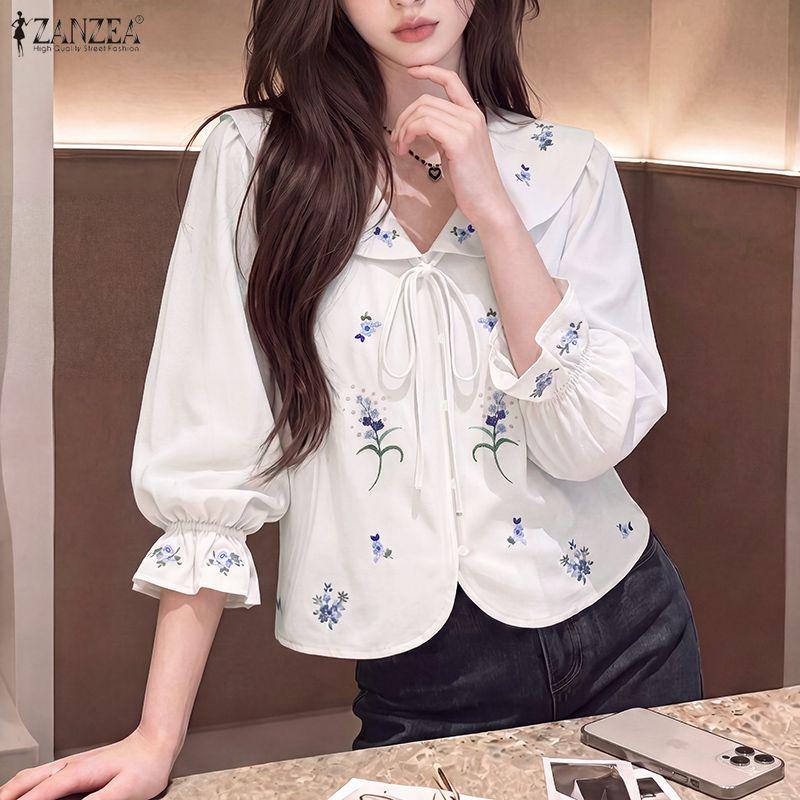 ZANZEA Women Ruffles V-Neck Loose Casual 3/4 Sleeve Floral Print Blouse